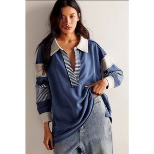 Free People Blue and Cream Blouse